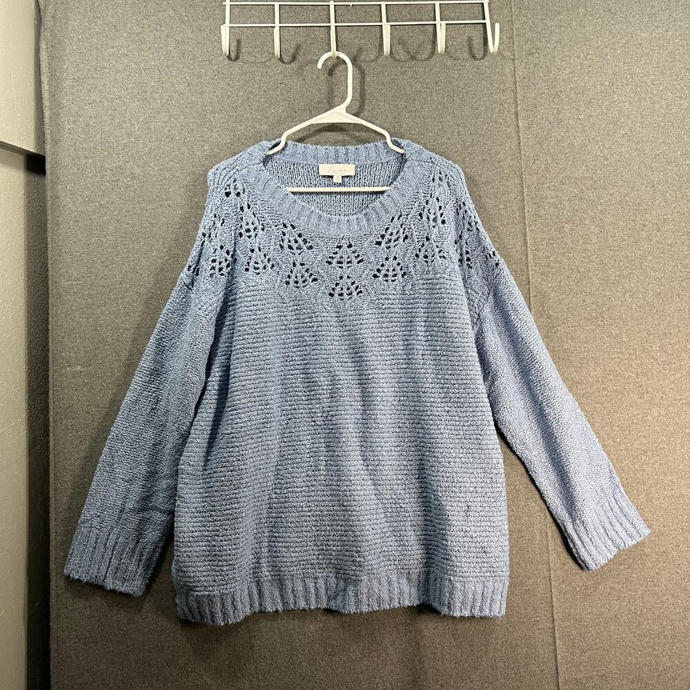 Encore by Idina Menzel Boucle Bateau Open Stitch Sweater Blue Jay Size 1X